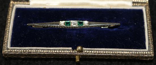 Diamond & green stone bar brooch